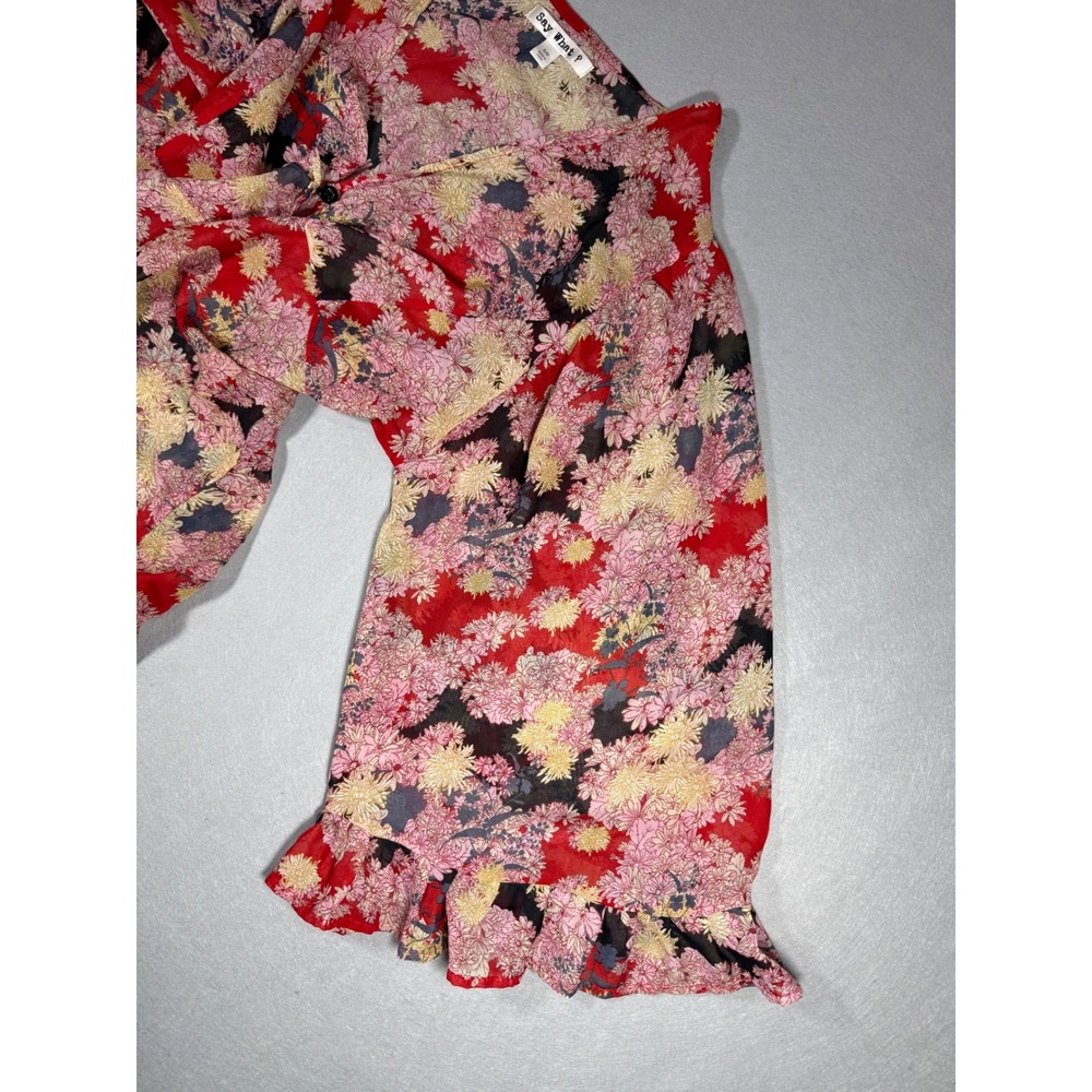 Sheer Whimsy Fairy Boho Feminine Floral Duster Red Pink Ruffle Sleeve S/M - Picture 8 of 16